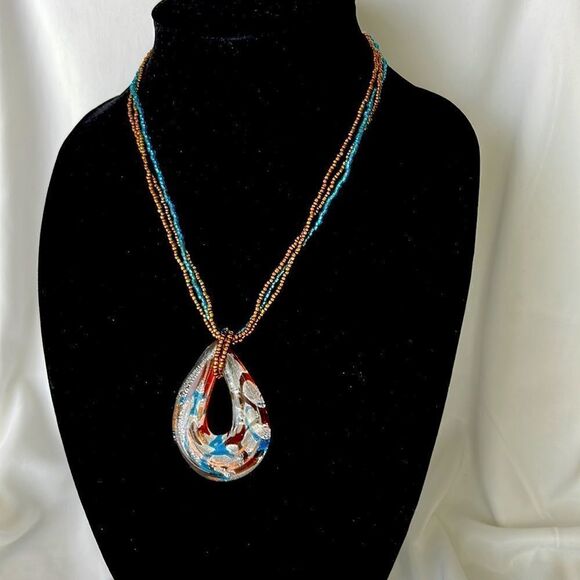 Brown and Turquoise Seed Beaded Necklace with Abstract Glass Loop Pendant - Picture 1 of 5